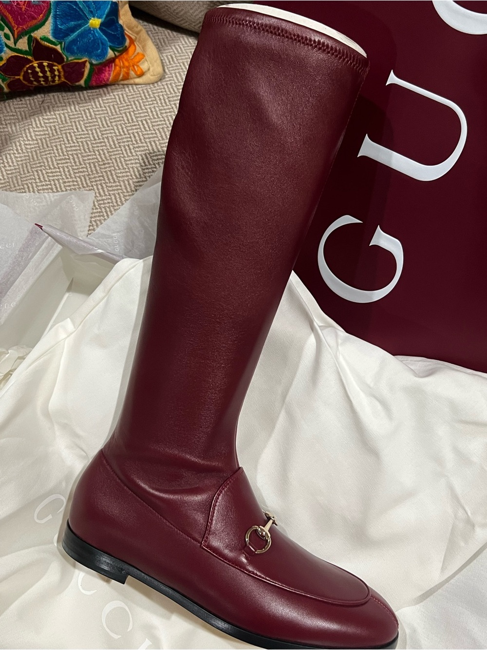 Gucci Jordaan Burgundy Over-the-Knee Leather Riding Boot with Gold Bit